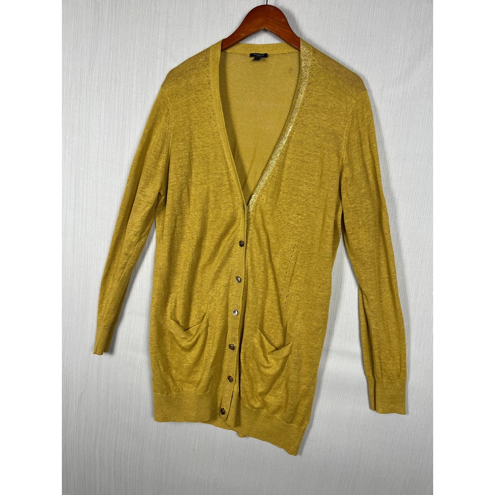 Ann Taylor Cardigan Women XL Gold Linen Metallic Longline Button Front V-Neck
